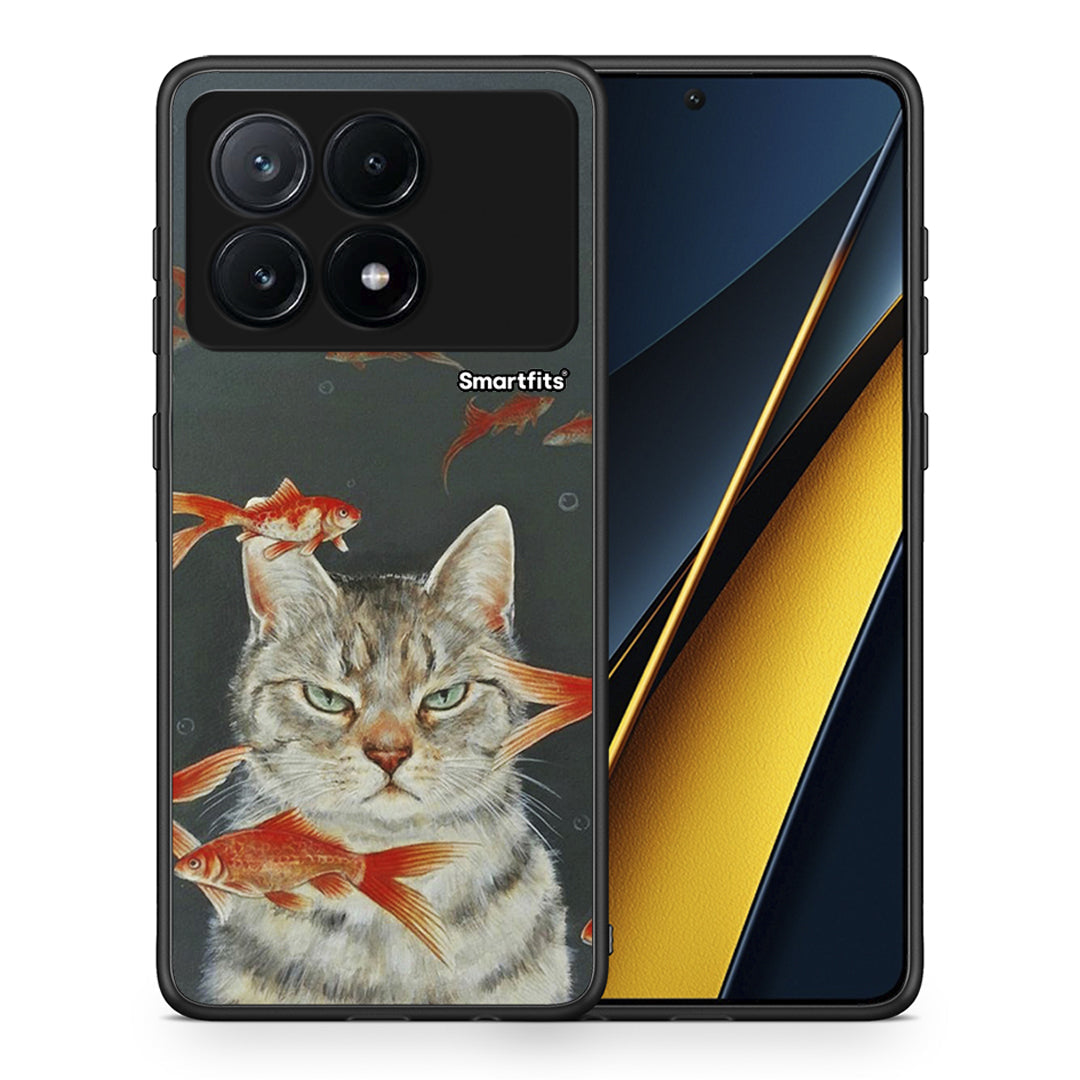 Θήκη Xiaomi Poco X6 Pro 5G Cat Goldfish από τη Smartfits με σχέδιο στο πίσω μέρος και μαύρο περίβλημα | Xiaomi Poco X6 Pro 5G Cat Goldfish case with colorful back and black bezels