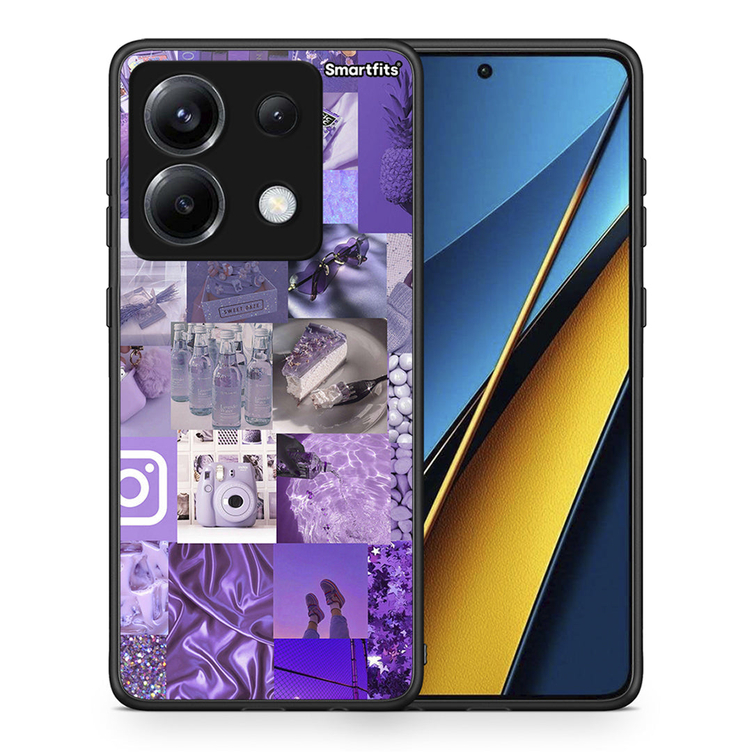 Θήκη Xiaomi Poco X6 Purple Aesthetic Collage από τη Smartfits με σχέδιο στο πίσω μέρος και μαύρο περίβλημα | Xiaomi Poco X6 Purple Aesthetic Collage case with colorful back and black bezels
