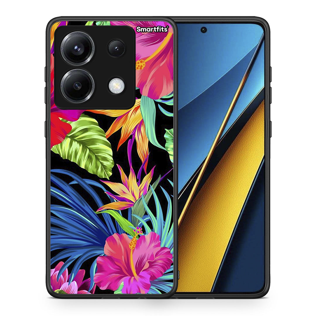 Θήκη Xiaomi Poco X6 Tropical Flowers από τη Smartfits με σχέδιο στο πίσω μέρος και μαύρο περίβλημα | Xiaomi Poco X6 Tropical Flowers case with colorful back and black bezels