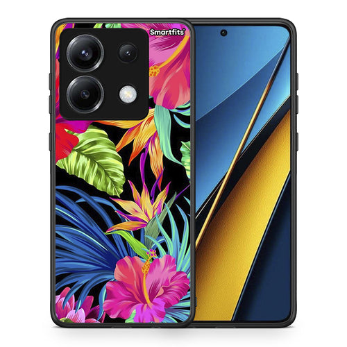 Θήκη Xiaomi Poco X6 Tropical Flowers από τη Smartfits με σχέδιο στο πίσω μέρος και μαύρο περίβλημα | Xiaomi Poco X6 Tropical Flowers case with colorful back and black bezels
