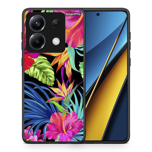 Θήκη Xiaomi Poco X6 Tropical Flowers από τη Smartfits με σχέδιο στο πίσω μέρος και μαύρο περίβλημα | Xiaomi Poco X6 Tropical Flowers case with colorful back and black bezels