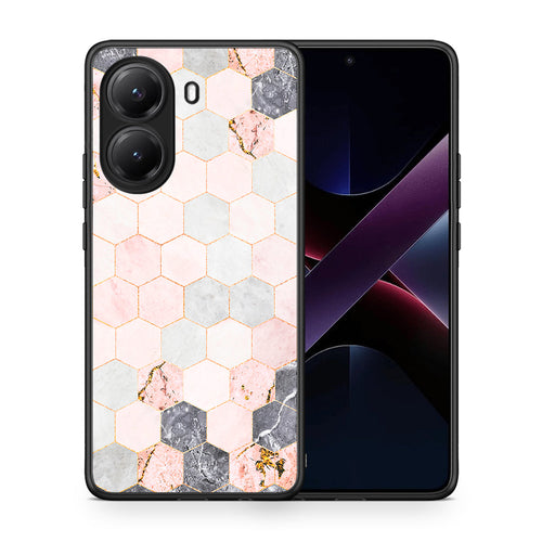 Θήκη Xiaomi Poco X7 Pro Hexagon Pink Marble από τη Smartfits με σχέδιο στο πίσω μέρος και μαύρο περίβλημα | Xiaomi Poco X7 Pro Hexagon Pink Marble case with colorful back and black bezels