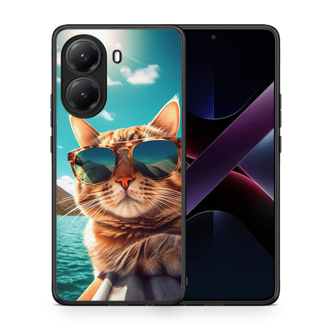 Θήκη Xiaomi Poco X7 Pro Summer Cat από τη Smartfits με σχέδιο στο πίσω μέρος και μαύρο περίβλημα | Xiaomi Poco X7 Pro Summer Cat case with colorful back and black bezels