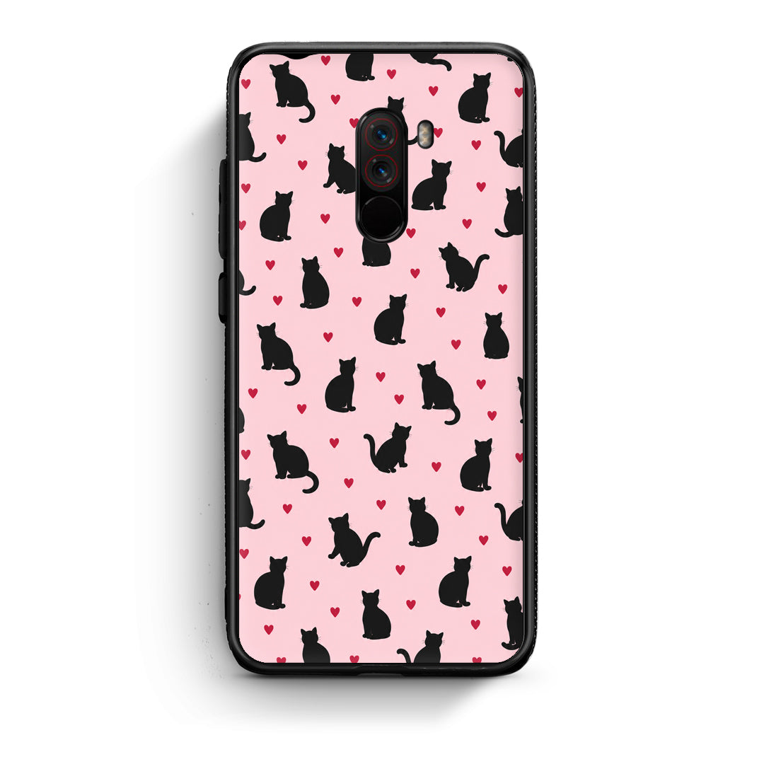 Θήκη Xiaomi Pocophone F1 Black Cat Silhouettes and Hearts on Pink από τη Smartfits με σχέδιο στο πίσω μέρος και μαύρο περίβλημα | Xiaomi Pocophone F1 Black Cat Silhouettes and Hearts on Pink case with colorful back and black bezels