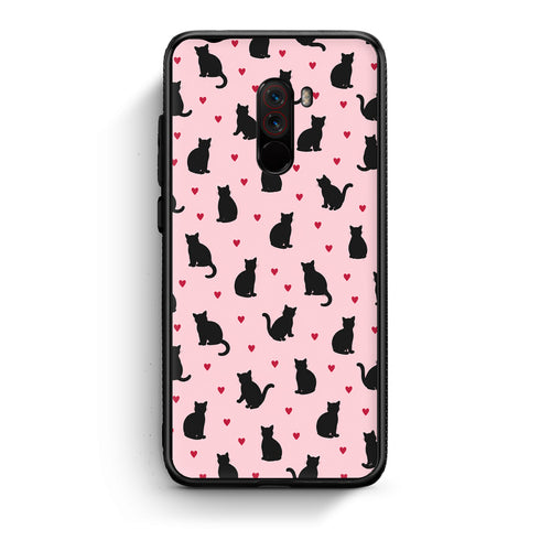 Θήκη Xiaomi Pocophone F1 Black Cat Silhouettes and Hearts on Pink από τη Smartfits με σχέδιο στο πίσω μέρος και μαύρο περίβλημα | Xiaomi Pocophone F1 Black Cat Silhouettes and Hearts on Pink case with colorful back and black bezels
