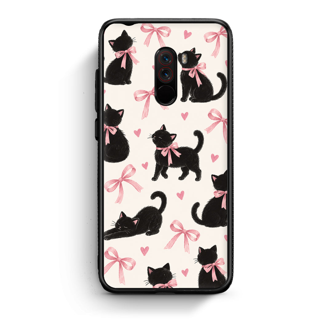 Θήκη Xiaomi Pocophone F1 Black Kittens and Pink Bows on Cream Large από τη Smartfits με σχέδιο στο πίσω μέρος και μαύρο περίβλημα | Xiaomi Pocophone F1 Black Kittens and Pink Bows on Cream Large case with colorful back and black bezels