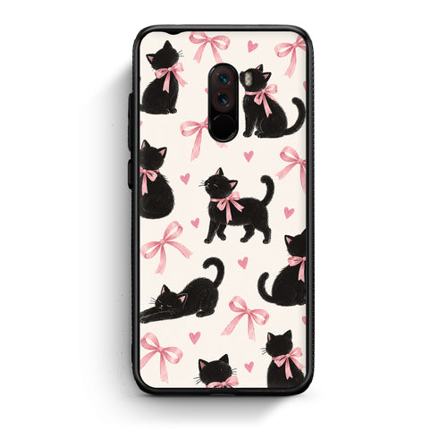 Θήκη Xiaomi Pocophone F1 Black Kittens and Pink Bows on Cream Large από τη Smartfits με σχέδιο στο πίσω μέρος και μαύρο περίβλημα | Xiaomi Pocophone F1 Black Kittens and Pink Bows on Cream Large case with colorful back and black bezels