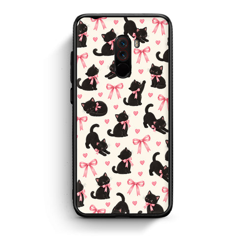 Θήκη Xiaomi Pocophone F1 Black Kittens and Pink Bows on Cream Small από τη Smartfits με σχέδιο στο πίσω μέρος και μαύρο περίβλημα | Xiaomi Pocophone F1 Black Kittens and Pink Bows on Cream Small case with colorful back and black bezels