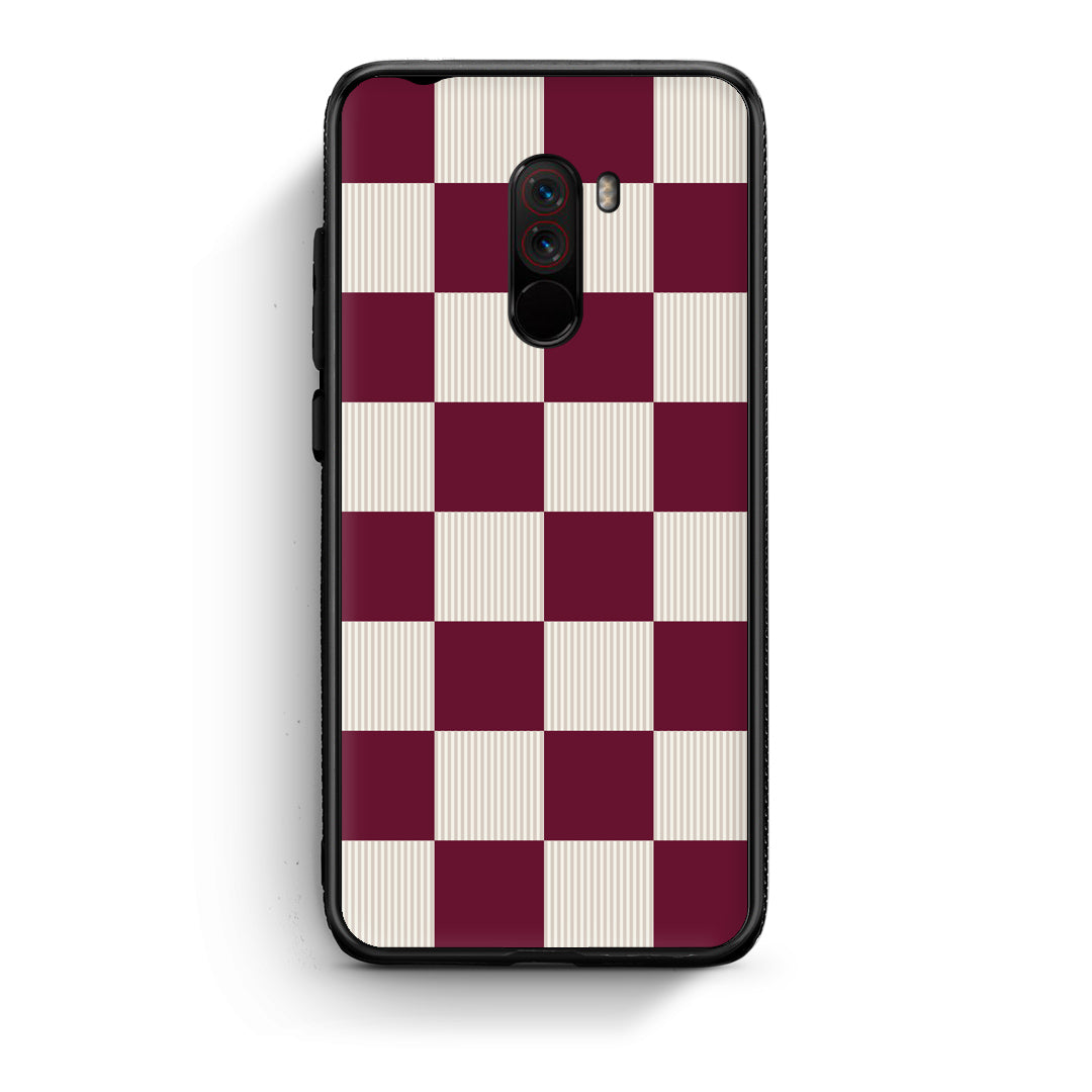 Θήκη Xiaomi Pocophone F1 Burgundy and Cream Striped Checks από τη Smartfits με σχέδιο στο πίσω μέρος και μαύρο περίβλημα | Xiaomi Pocophone F1 Burgundy and Cream Striped Checks case with colorful back and black bezels