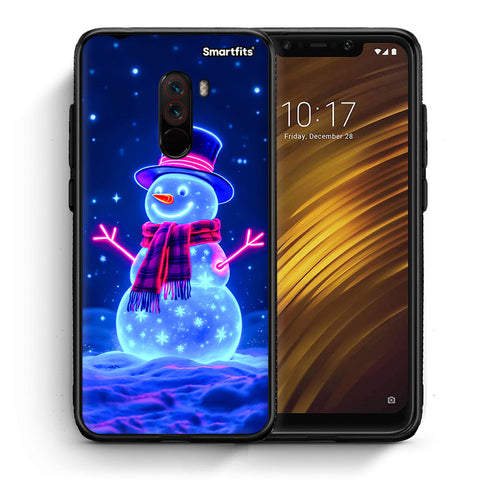 Θήκη Xiaomi Pocophone F1 Christmas Neon Snowman από τη Smartfits με σχέδιο στο πίσω μέρος και μαύρο περίβλημα | Xiaomi Pocophone F1 Christmas Neon Snowman case with colorful back and black bezels