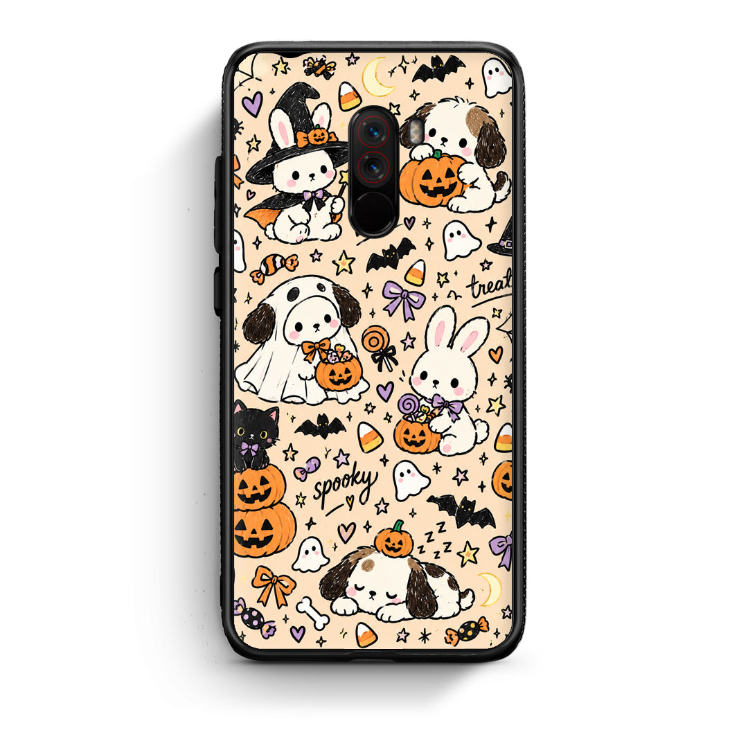 Θήκη Xiaomi Pocophone F1 Halloween Puppies and Friends on Cream από τη Smartfits με σχέδιο στο πίσω μέρος και μαύρο περίβλημα | Xiaomi Pocophone F1 Halloween Puppies and Friends on Cream case with colorful back and black bezels