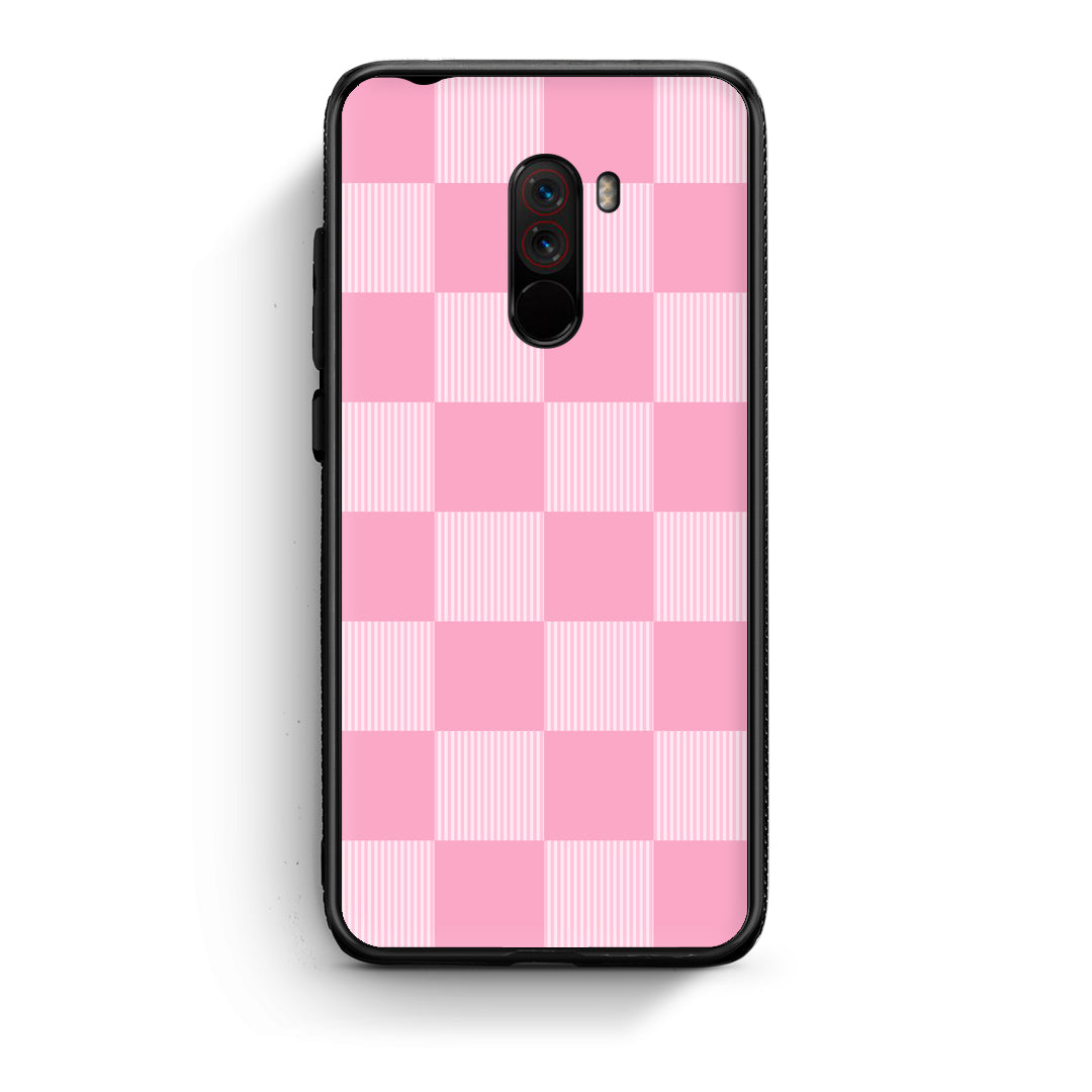 Θήκη Xiaomi Pocophone F1 Pink and White Striped Checks από τη Smartfits με σχέδιο στο πίσω μέρος και μαύρο περίβλημα | Xiaomi Pocophone F1 Pink and White Striped Checks case with colorful back and black bezels