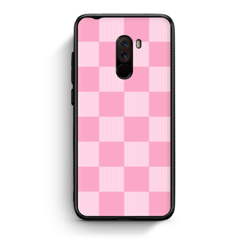 Θήκη Xiaomi Pocophone F1 Pink and White Striped Checks από τη Smartfits με σχέδιο στο πίσω μέρος και μαύρο περίβλημα | Xiaomi Pocophone F1 Pink and White Striped Checks case with colorful back and black bezels