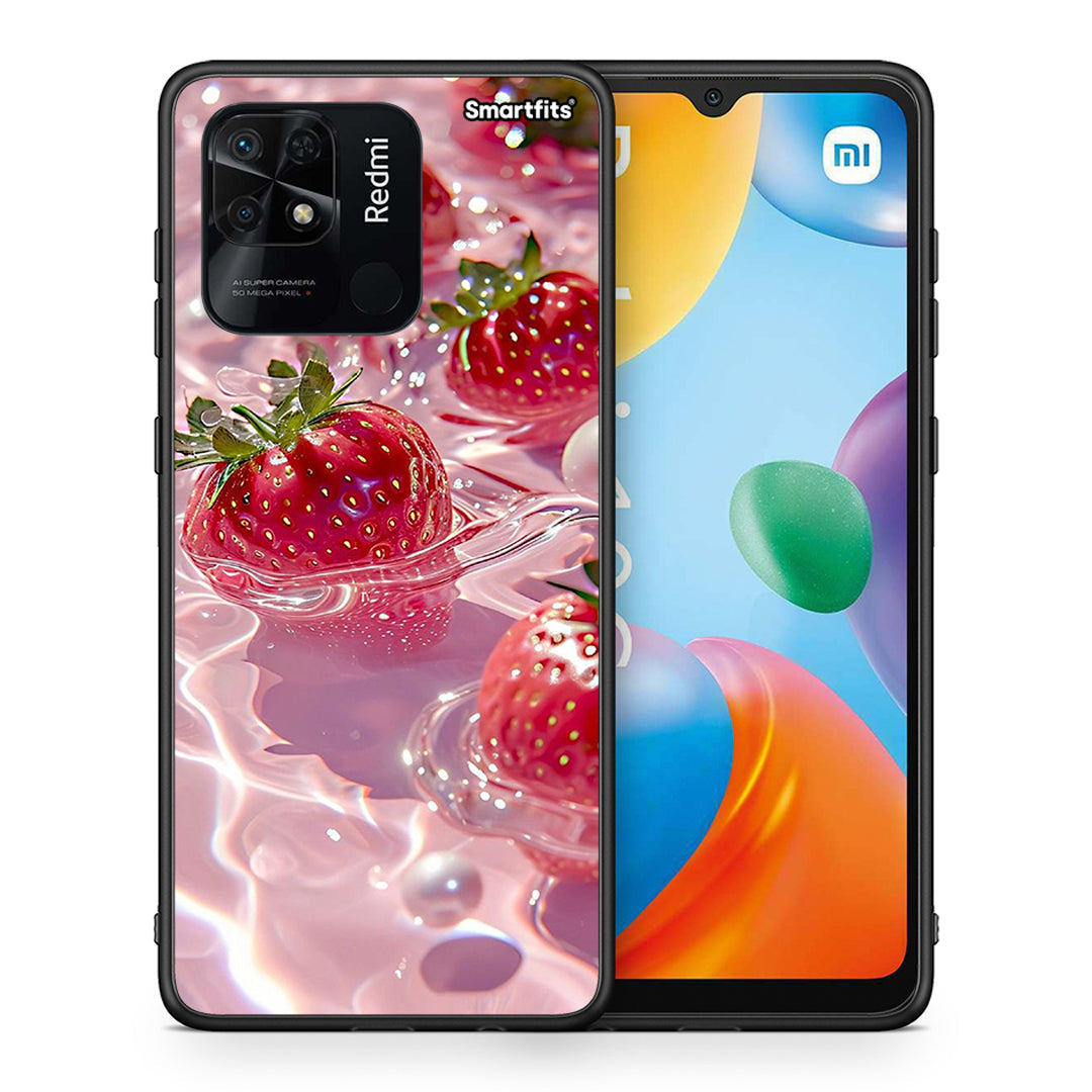 Θήκη Xiaomi Redmi 10C Juicy Strawberries από τη Smartfits με σχέδιο στο πίσω μέρος και μαύρο περίβλημα | Xiaomi Redmi 10C Juicy Strawberries case with colorful back and black bezels