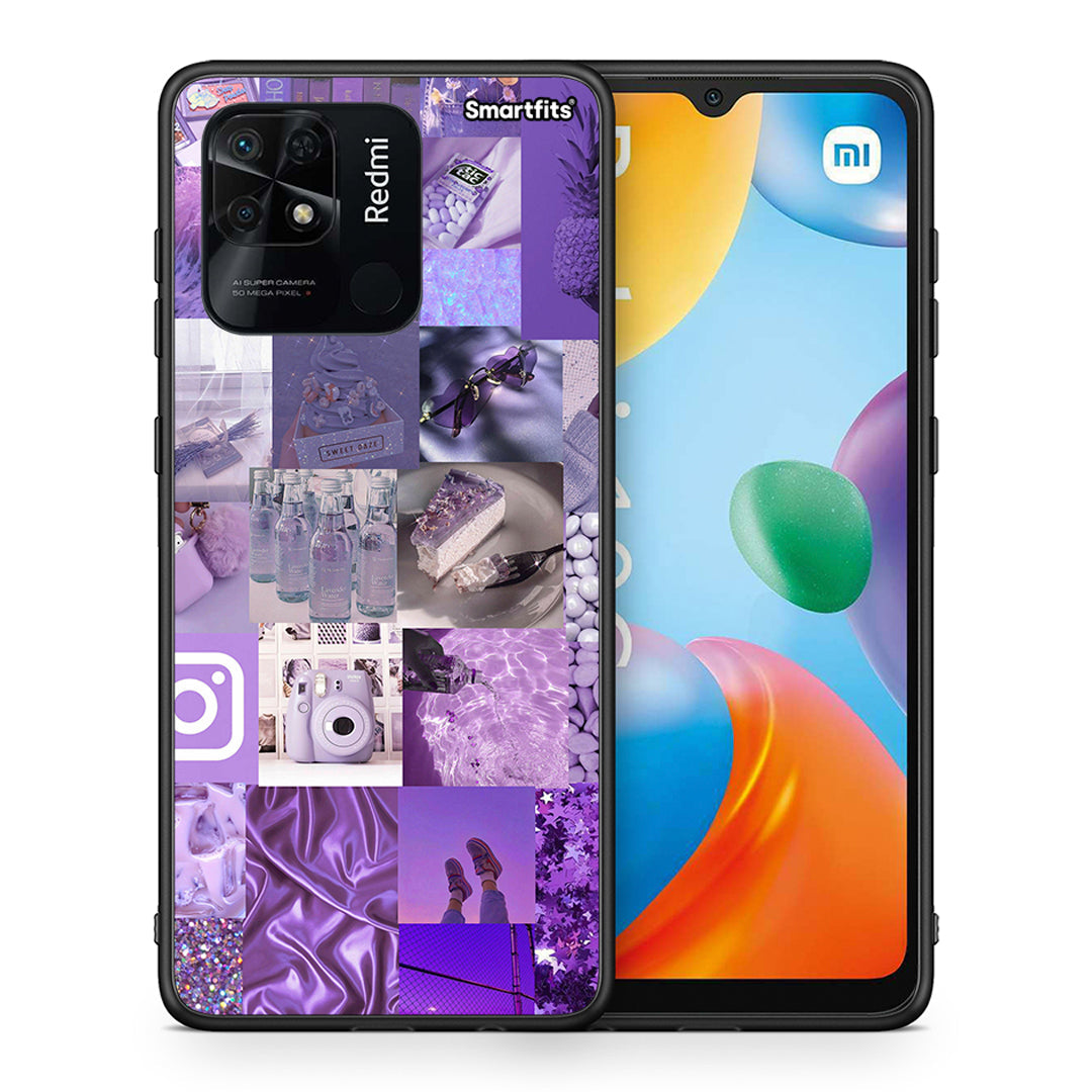 Θήκη Xiaomi Redmi 10C Purple Aesthetic Collage από τη Smartfits με σχέδιο στο πίσω μέρος και μαύρο περίβλημα | Xiaomi Redmi 10C Purple Aesthetic Collage case with colorful back and black bezels