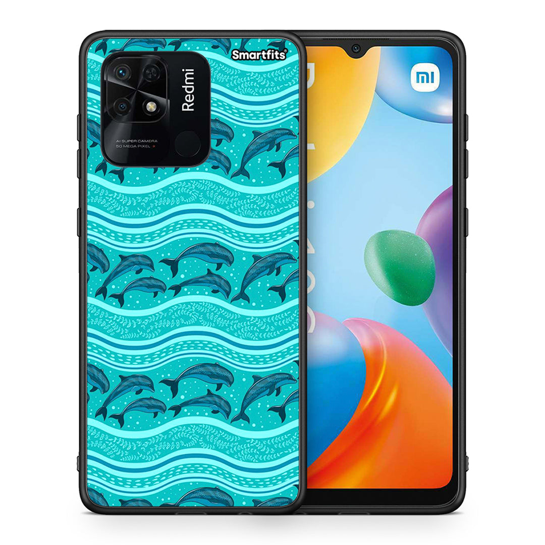 Θήκη Xiaomi Redmi 10C Swimming Dolphins από τη Smartfits με σχέδιο στο πίσω μέρος και μαύρο περίβλημα | Xiaomi Redmi 10C Swimming Dolphins case with colorful back and black bezels