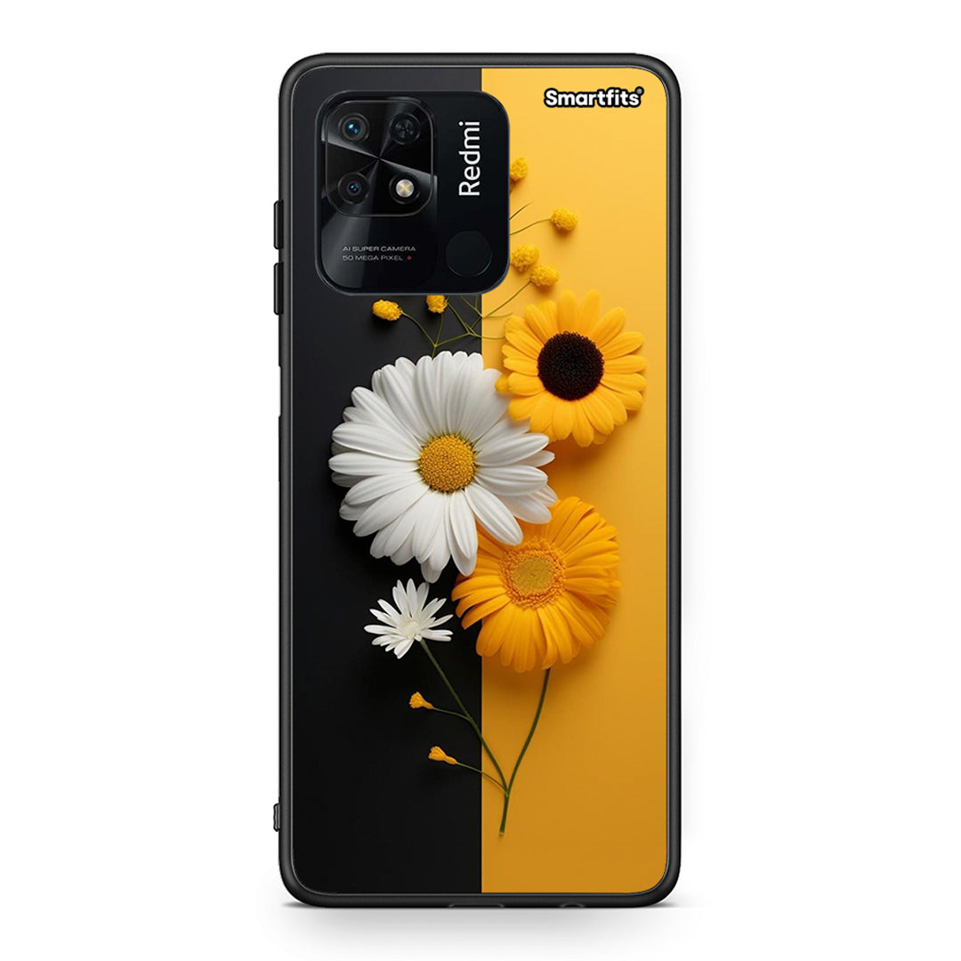 Xiaomi Redmi 10C Yellow Daisies θήκη από τη Smartfits με σχέδιο στο πίσω μέρος και μαύρο περίβλημα | Smartphone case with colorful back and black bezels by Smartfits