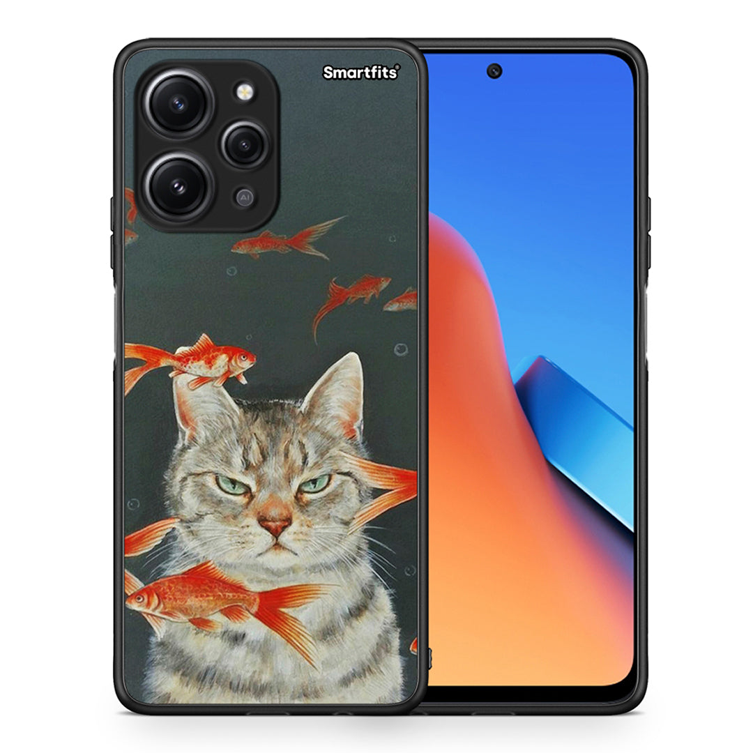 Θήκη Xiaomi Redmi 12 4G Cat Goldfish από τη Smartfits με σχέδιο στο πίσω μέρος και μαύρο περίβλημα | Xiaomi Redmi 12 4G Cat Goldfish case with colorful back and black bezels