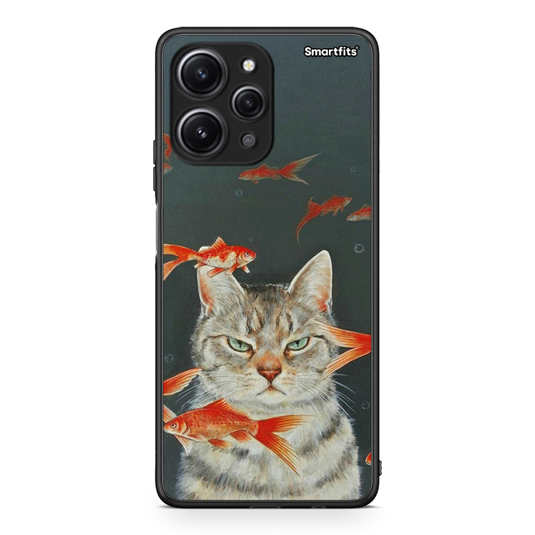 Xiaomi Redmi 12 4G Cat Goldfish θήκη από τη Smartfits με σχέδιο στο πίσω μέρος και μαύρο περίβλημα | Smartphone case with colorful back and black bezels by Smartfits