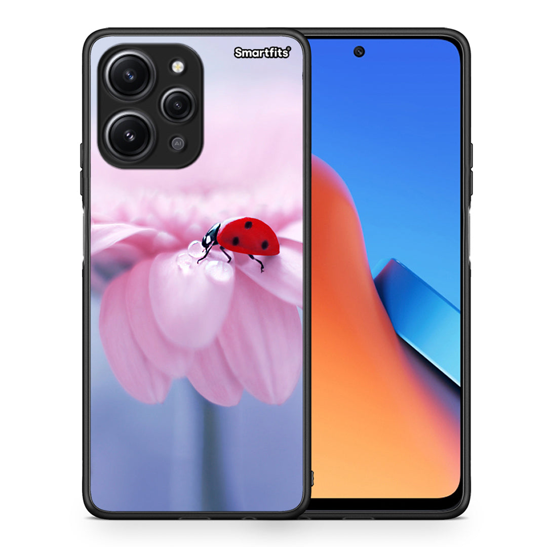 Θήκη Xiaomi Redmi 12 4G Ladybug Flower από τη Smartfits με σχέδιο στο πίσω μέρος και μαύρο περίβλημα | Xiaomi Redmi 12 4G Ladybug Flower case with colorful back and black bezels