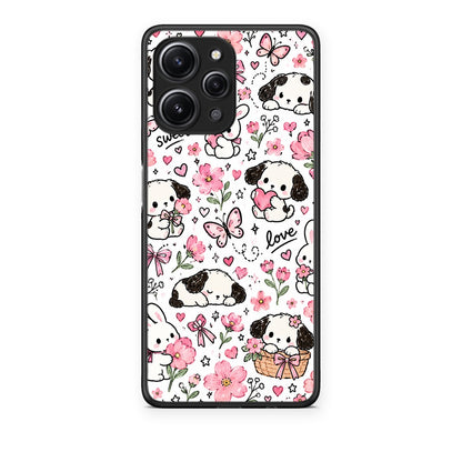 Θήκη Xiaomi Redmi 12 4G Pink Florals Puppies and Bunnies on White από τη Smartfits με σχέδιο στο πίσω μέρος και μαύρο περίβλημα | Xiaomi Redmi 12 4G Pink Florals Puppies and Bunnies on White case with colorful back and black bezels