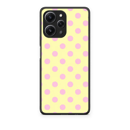 Θήκη Xiaomi Redmi 12 4G Pink Polka Dots on Yellow από τη Smartfits με σχέδιο στο πίσω μέρος και μαύρο περίβλημα | Xiaomi Redmi 12 4G Pink Polka Dots on Yellow case with colorful back and black bezels