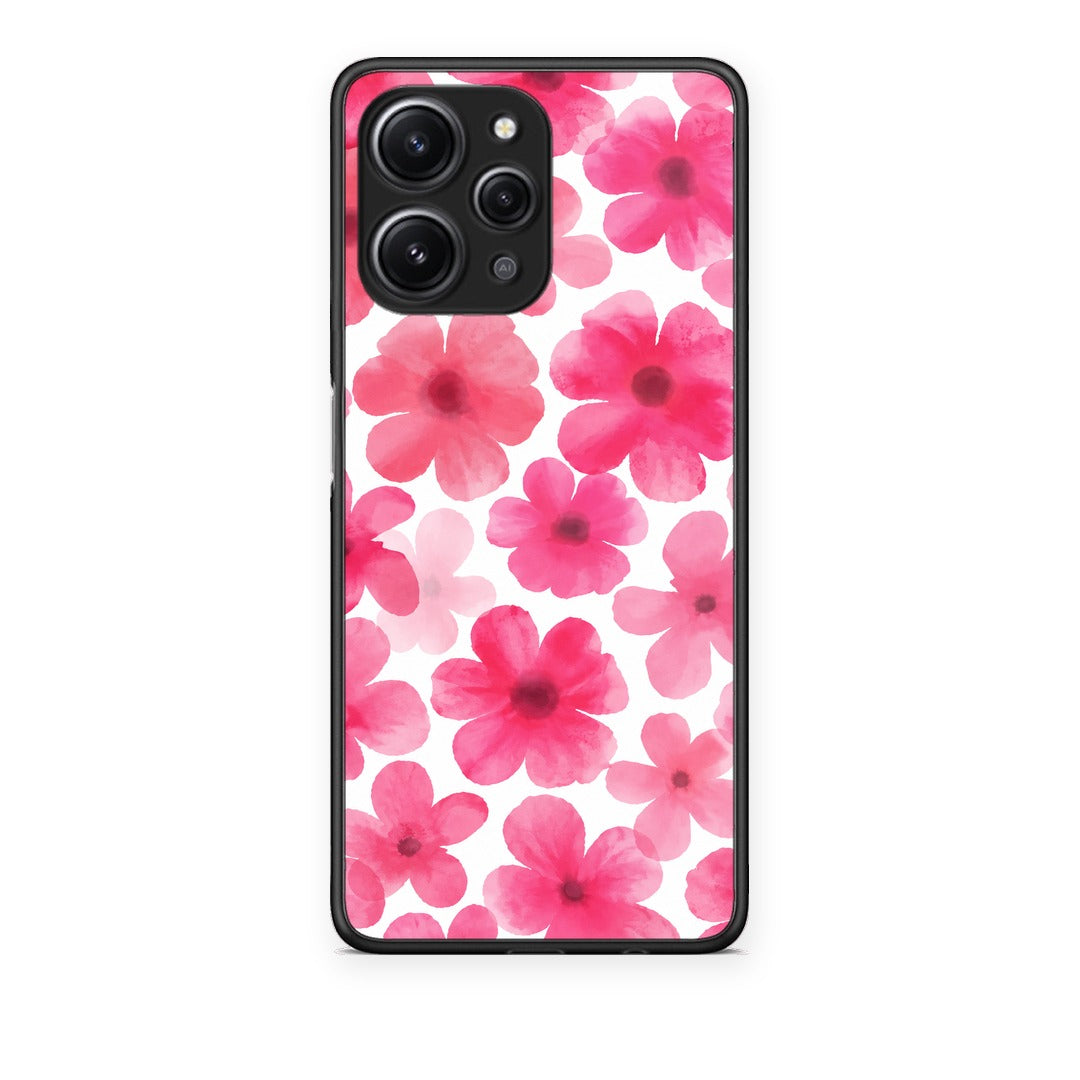 Θήκη Xiaomi Redmi 12 4G Pink Watercolour Flowers on White από τη Smartfits με σχέδιο στο πίσω μέρος και μαύρο περίβλημα | Xiaomi Redmi 12 4G Pink Watercolour Flowers on White case with colorful back and black bezels