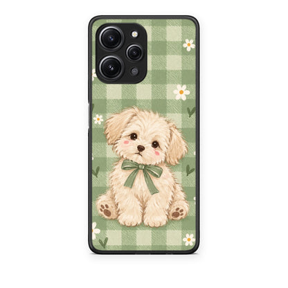 Θήκη Xiaomi Redmi 12 4G Puppy and Daisies on Sage Gingham από τη Smartfits με σχέδιο στο πίσω μέρος και μαύρο περίβλημα | Xiaomi Redmi 12 4G Puppy and Daisies on Sage Gingham case with colorful back and black bezels