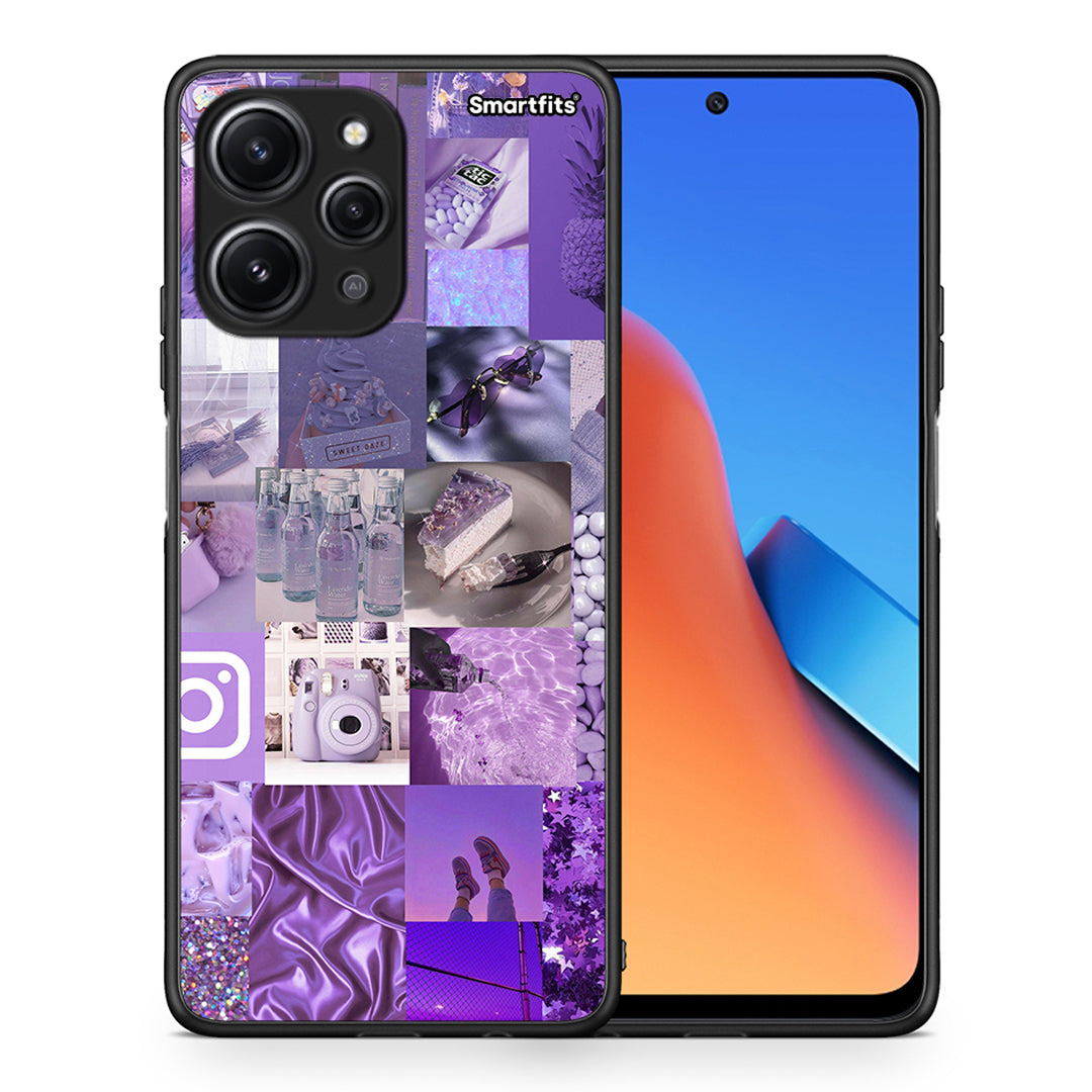 Θήκη Xiaomi Redmi 12 4G Purple Aesthetic Collage από τη Smartfits με σχέδιο στο πίσω μέρος και μαύρο περίβλημα | Xiaomi Redmi 12 4G Purple Aesthetic Collage case with colorful back and black bezels