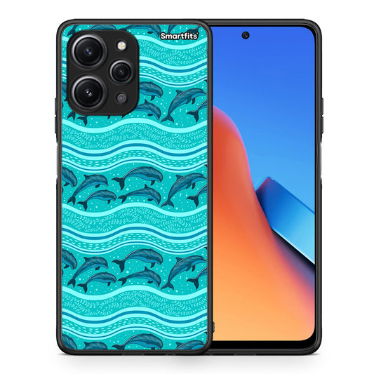 Θήκη Xiaomi Redmi 12 4G Swimming Dolphins από τη Smartfits με σχέδιο στο πίσω μέρος και μαύρο περίβλημα | Xiaomi Redmi 12 4G Swimming Dolphins case with colorful back and black bezels