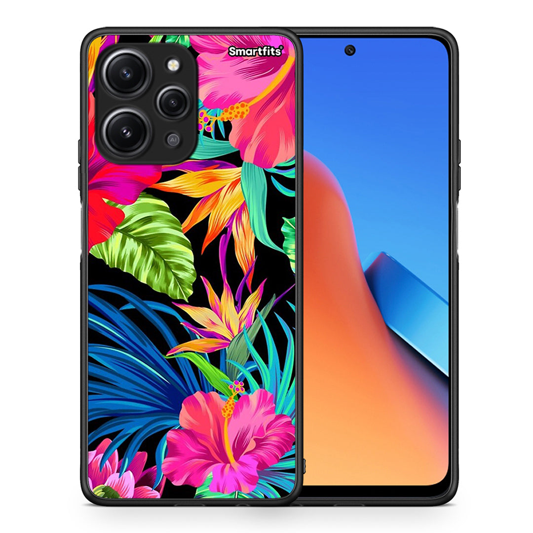 Θήκη Xiaomi Redmi 12 4G Tropical Flowers από τη Smartfits με σχέδιο στο πίσω μέρος και μαύρο περίβλημα | Xiaomi Redmi 12 4G Tropical Flowers case with colorful back and black bezels