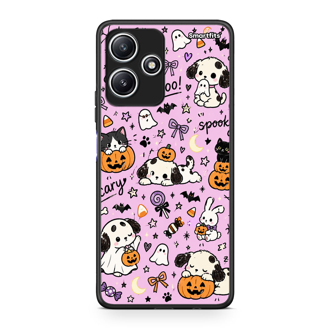 Θήκη Xiaomi Redmi 12 5G Halloween Puppies and Friends on Lilac από τη Smartfits με σχέδιο στο πίσω μέρος και μαύρο περίβλημα | Xiaomi Redmi 12 5G Halloween Puppies and Friends on Lilac case with colorful back and black bezels