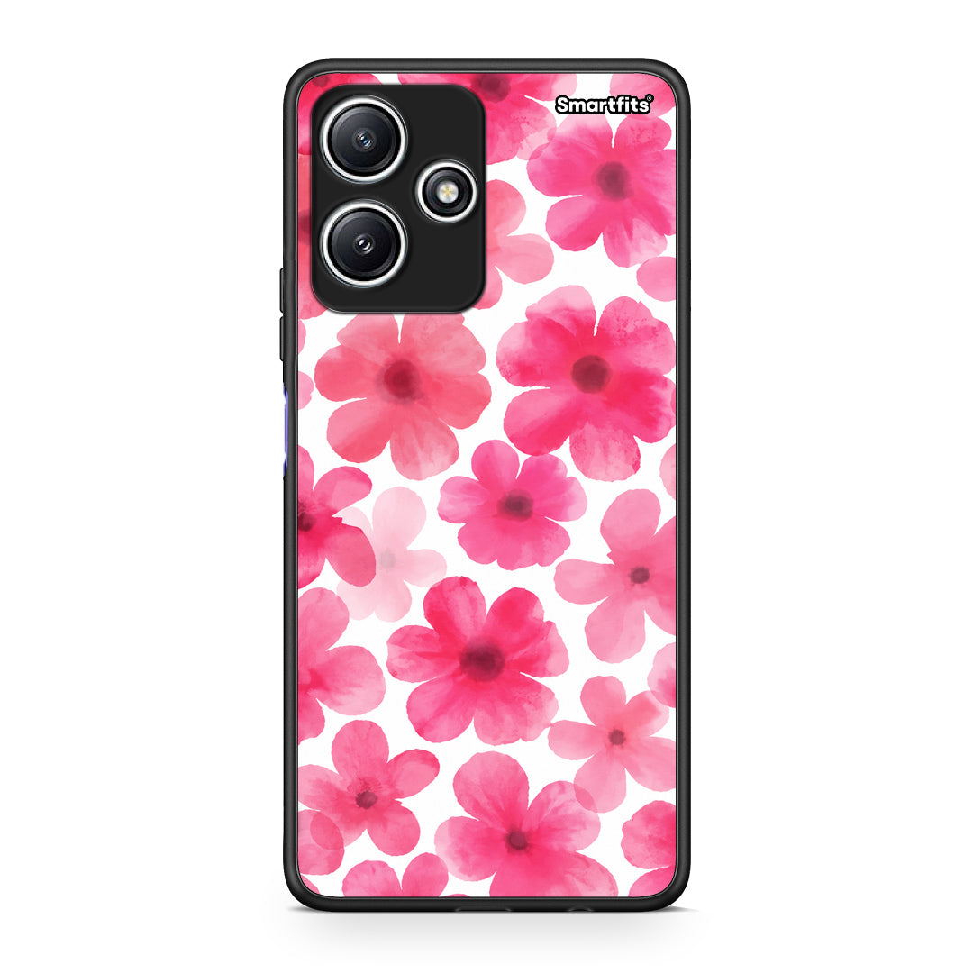 Θήκη Xiaomi Redmi 12 5G Pink Watercolour Flowers on White από τη Smartfits με σχέδιο στο πίσω μέρος και μαύρο περίβλημα | Xiaomi Redmi 12 5G Pink Watercolour Flowers on White case with colorful back and black bezels