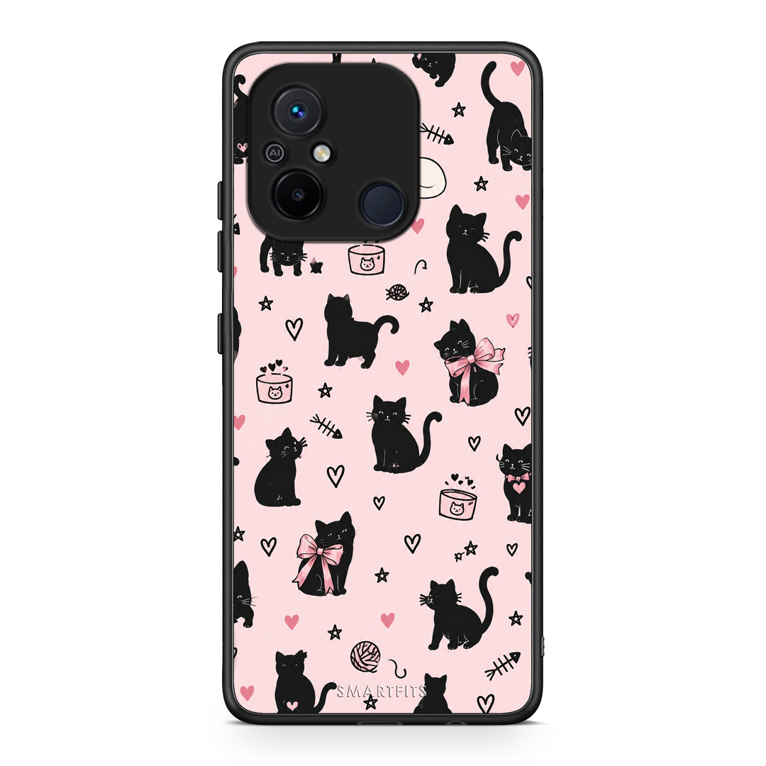 Θήκη Xiaomi Poco C55 Black Cat Doodles on Pink από τη Smartfits με σχέδιο στο πίσω μέρος και μαύρο περίβλημα | Xiaomi Poco C55 Black Cat Doodles on Pink case with colorful back and black bezels