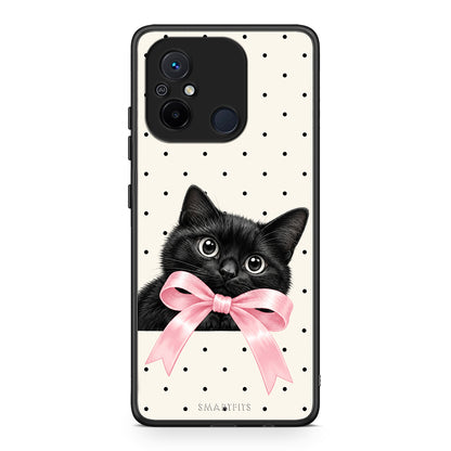 Θήκη Xiaomi Poco C55 Black Kitten Pink Bow and Polka Dots από τη Smartfits με σχέδιο στο πίσω μέρος και μαύρο περίβλημα | Xiaomi Poco C55 Black Kitten Pink Bow and Polka Dots case with colorful back and black bezels