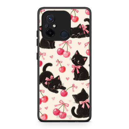 Θήκη Xiaomi Poco C55 Black Kittens and Cherries on Cream από τη Smartfits με σχέδιο στο πίσω μέρος και μαύρο περίβλημα | Xiaomi Poco C55 Black Kittens and Cherries on Cream case with colorful back and black bezels
