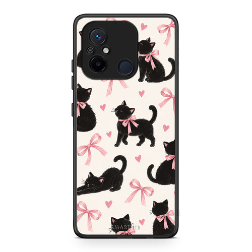 Θήκη Xiaomi Poco C55 Black Kittens and Pink Bows on Cream Large από τη Smartfits με σχέδιο στο πίσω μέρος και μαύρο περίβλημα | Xiaomi Poco C55 Black Kittens and Pink Bows on Cream Large case with colorful back and black bezels