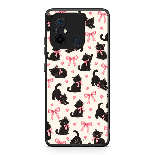Θήκη Xiaomi Poco C55 Black Kittens and Pink Bows on Cream Small από τη Smartfits με σχέδιο στο πίσω μέρος και μαύρο περίβλημα | Xiaomi Poco C55 Black Kittens and Pink Bows on Cream Small case with colorful back and black bezels
