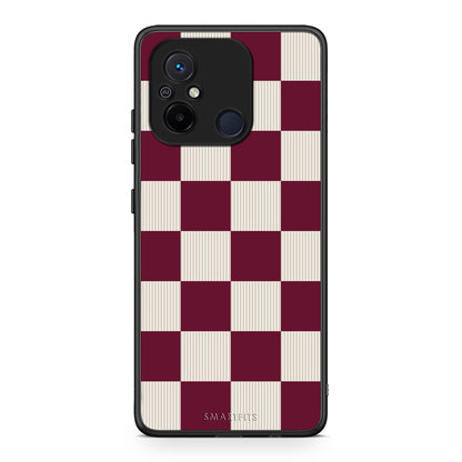 Θήκη Xiaomi Poco C55 Burgundy and Cream Striped Checks από τη Smartfits με σχέδιο στο πίσω μέρος και μαύρο περίβλημα | Xiaomi Poco C55 Burgundy and Cream Striped Checks case with colorful back and black bezels