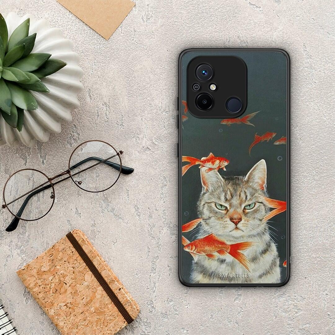 Θήκη Xiaomi Poco C55 Cat Goldfish από τη Smartfits με σχέδιο στο πίσω μέρος και μαύρο περίβλημα | Xiaomi Poco C55 Cat Goldfish Case with Colorful Back and Black Bezels