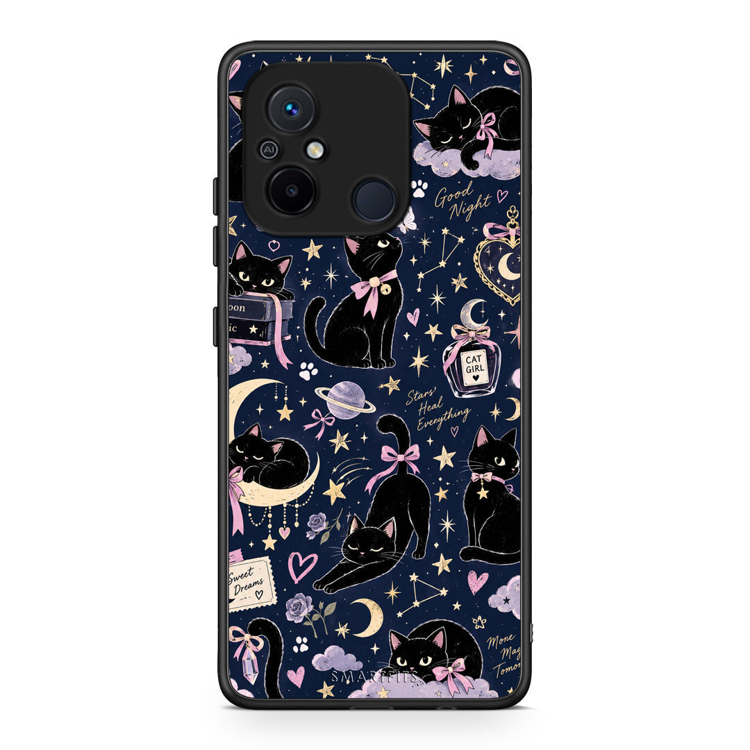 Θήκη Xiaomi Poco C55 Celestial Black Cats on Navy από τη Smartfits με σχέδιο στο πίσω μέρος και μαύρο περίβλημα | Xiaomi Poco C55 Celestial Black Cats on Navy case with colorful back and black bezels