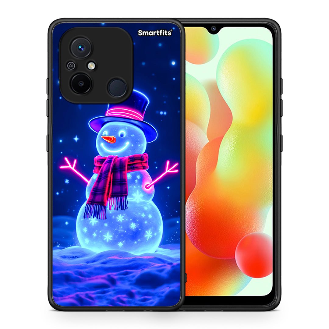 Θήκη Xiaomi Redmi 12C Christmas Neon Snowman από τη Smartfits με σχέδιο στο πίσω μέρος και μαύρο περίβλημα | Xiaomi Redmi 12C Christmas Neon Snowman Case with Colorful Back and Black Bezels