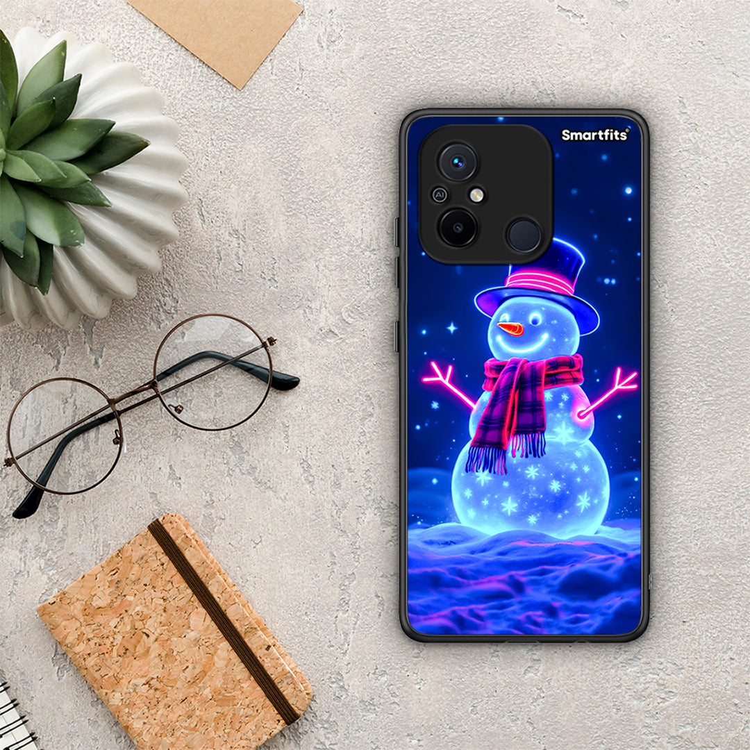 Θήκη Xiaomi Poco C55 Christmas Neon Snowman από τη Smartfits με σχέδιο στο πίσω μέρος και μαύρο περίβλημα | Xiaomi Poco C55 Christmas Neon Snowman Case with Colorful Back and Black Bezels