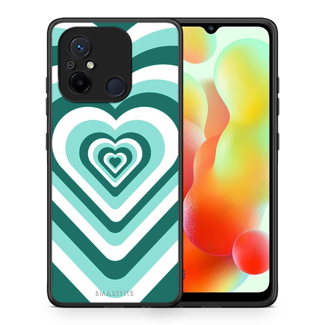 Θήκη Xiaomi Poco C55 Green Hearts από τη Smartfits με σχέδιο στο πίσω μέρος και μαύρο περίβλημα | Xiaomi Poco C55 Green Hearts Case with Colorful Back and Black Bezels