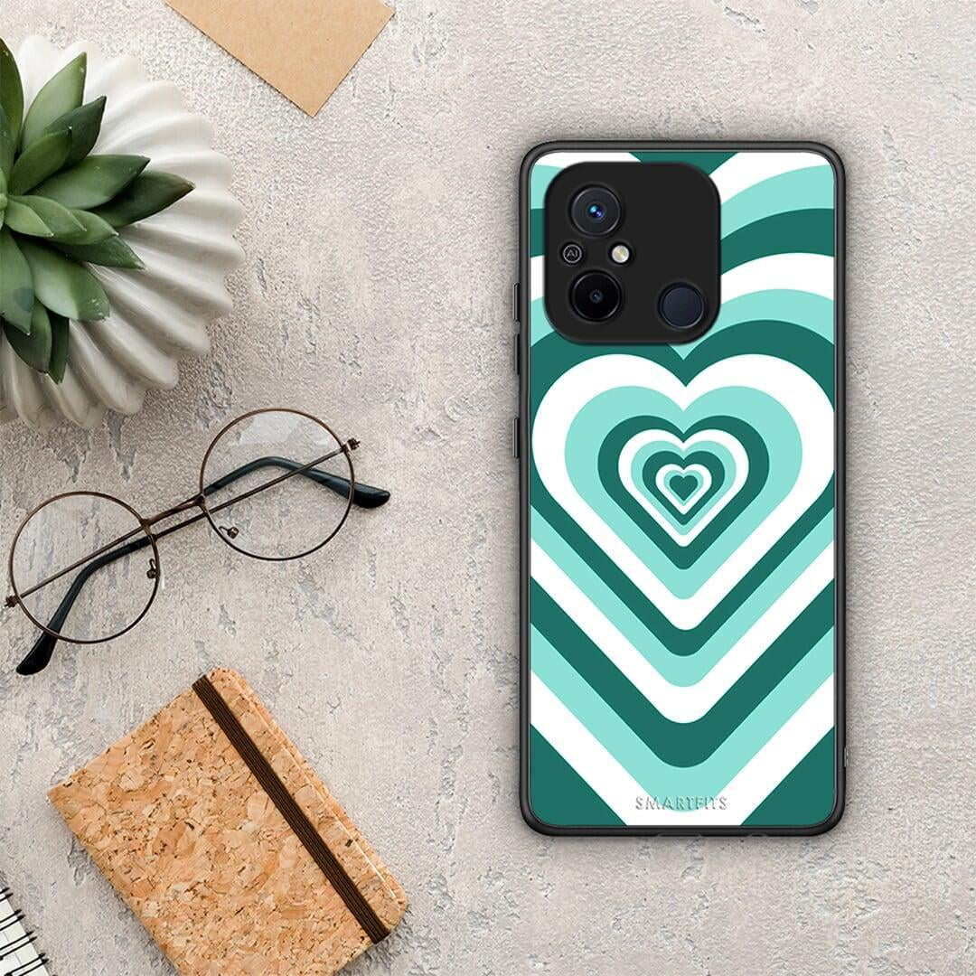 Θήκη Xiaomi Poco C55 Green Hearts από τη Smartfits με σχέδιο στο πίσω μέρος και μαύρο περίβλημα | Xiaomi Poco C55 Green Hearts Case with Colorful Back and Black Bezels