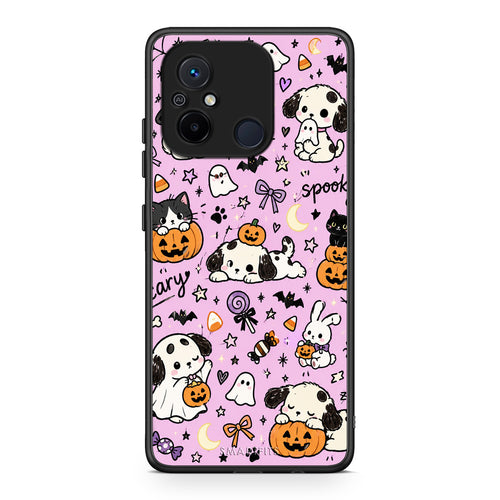 Θήκη Xiaomi Poco C55 Halloween Puppies and Friends on Lilac από τη Smartfits με σχέδιο στο πίσω μέρος και μαύρο περίβλημα | Xiaomi Poco C55 Halloween Puppies and Friends on Lilac case with colorful back and black bezels