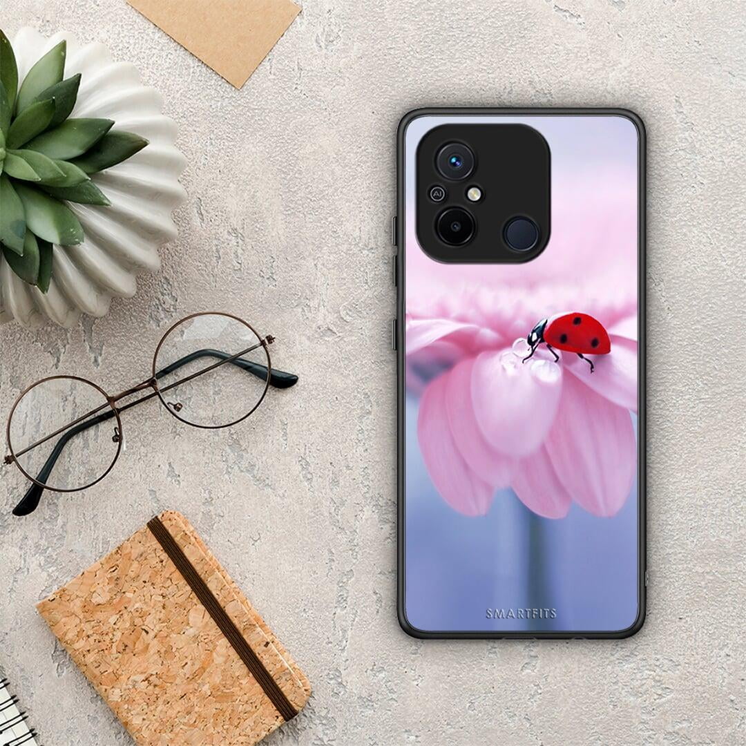 Θήκη Xiaomi Poco C55 Ladybug Flower από τη Smartfits με σχέδιο στο πίσω μέρος και μαύρο περίβλημα | Xiaomi Poco C55 Ladybug Flower Case with Colorful Back and Black Bezels