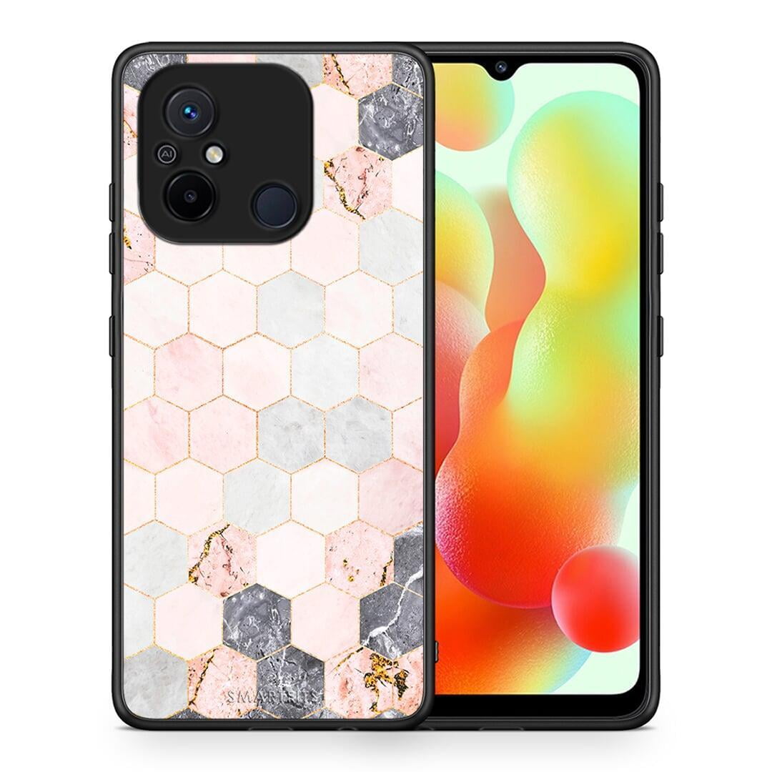 Θήκη Xiaomi Poco C55 Marble Hexagon Pink από τη Smartfits με σχέδιο στο πίσω μέρος και μαύρο περίβλημα | Xiaomi Poco C55 Marble Hexagon Pink Case with Colorful Back and Black Bezels