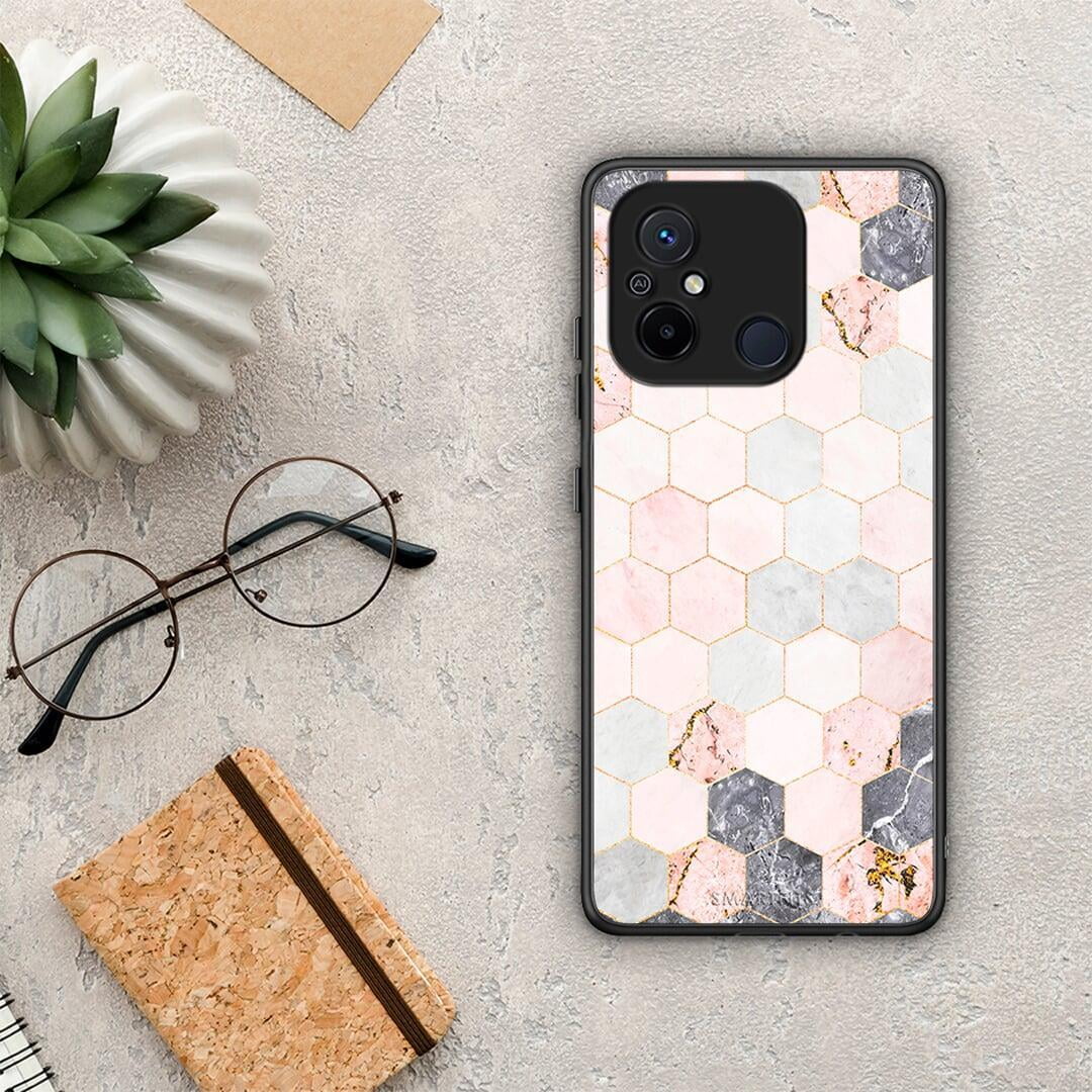 Θήκη Xiaomi Poco C55 Marble Hexagon Pink από τη Smartfits με σχέδιο στο πίσω μέρος και μαύρο περίβλημα | Xiaomi Poco C55 Marble Hexagon Pink Case with Colorful Back and Black Bezels