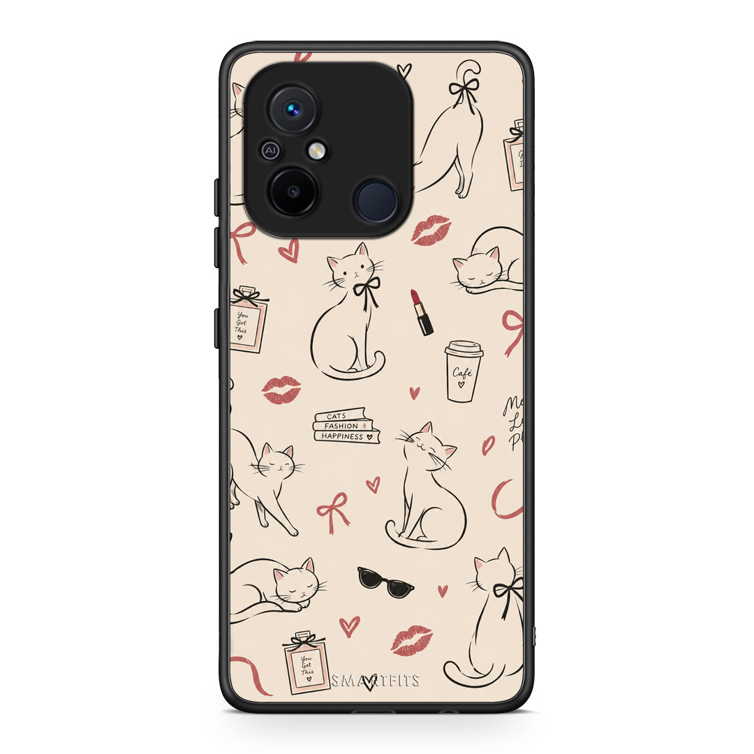 Θήκη Xiaomi Poco C55 Minimal Cat and Fashion Doodles on Cream από τη Smartfits με σχέδιο στο πίσω μέρος και μαύρο περίβλημα | Xiaomi Poco C55 Minimal Cat and Fashion Doodles on Cream case with colorful back and black bezels